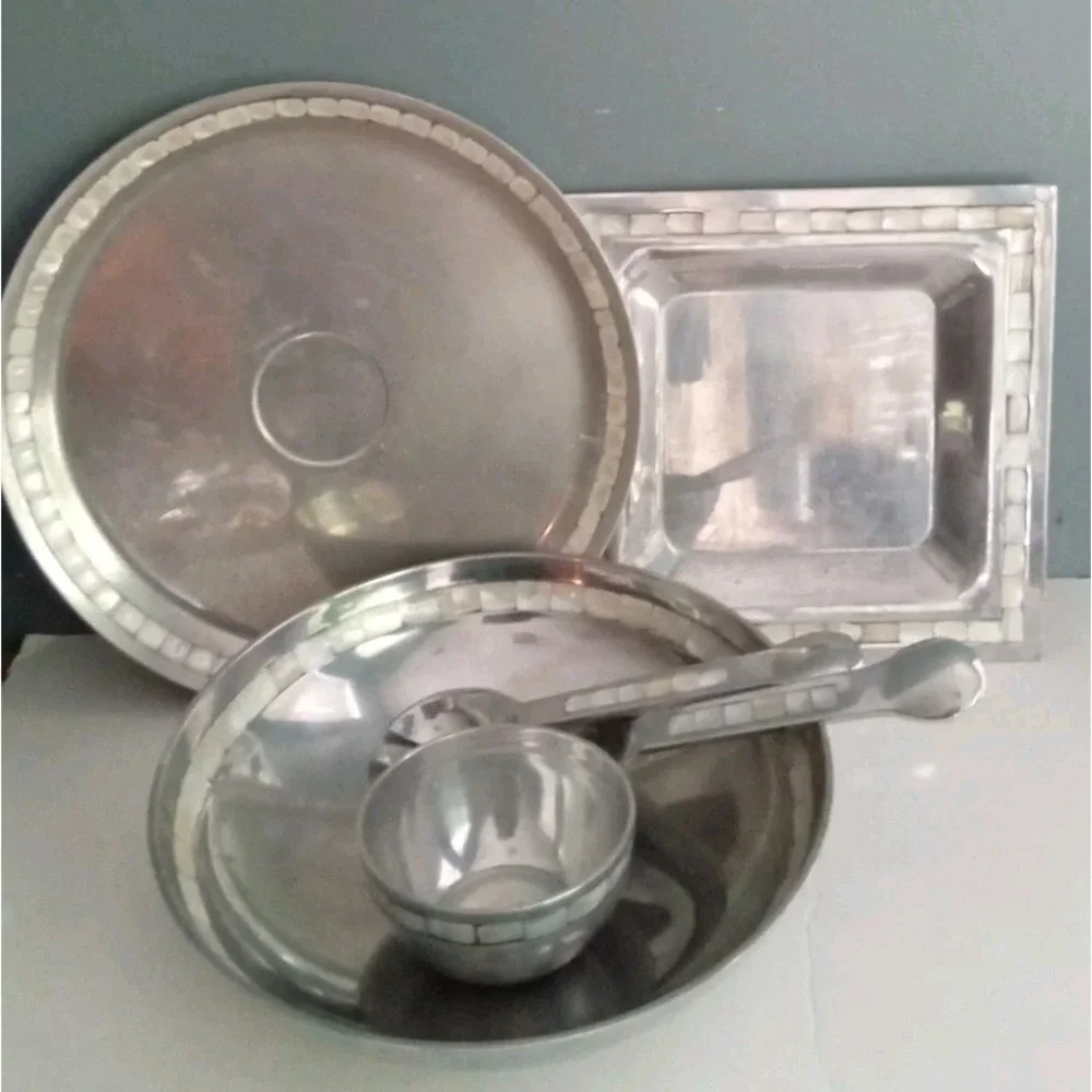 Towel Mother‎ of Pearl Inlay Serving Set Bowl Tray Spoon Vintage